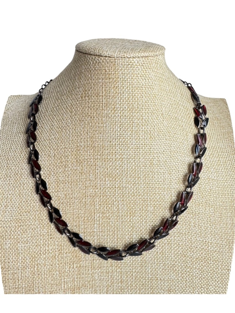 Vintage Red Black Enamel Leaf Necklace Gunmetal Tone Collar Botanical Statement